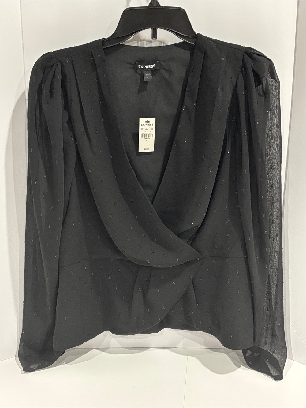 Express V-Neck Faux Wrap Chiffon Surplice Blouse Sheer Long Sleeves Lined Bodice